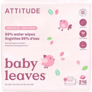 ATTITUDE Baby Water Wipes, EWG Verified, Safe for Newborns, Unscented & Fragrance-Free, 99% Water, Gentle, Vegan & Dermatologically Tested, Travel Pack with Hard Lid, 72 Count (Pack of 3)(72 Count (Pack of 3))