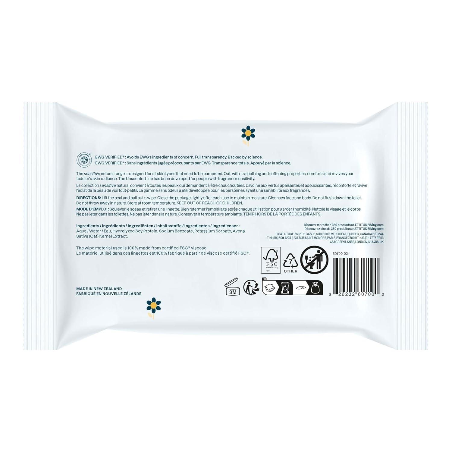 image:imageATTITUDE Baby Wipes Unscented For Sensitive Skin with Oat Natural Origin Dermatollogically Tested For Babies Toddlers amp Kids Chamomile Extract EWG Verified 72 Count72 Count Pack of 1