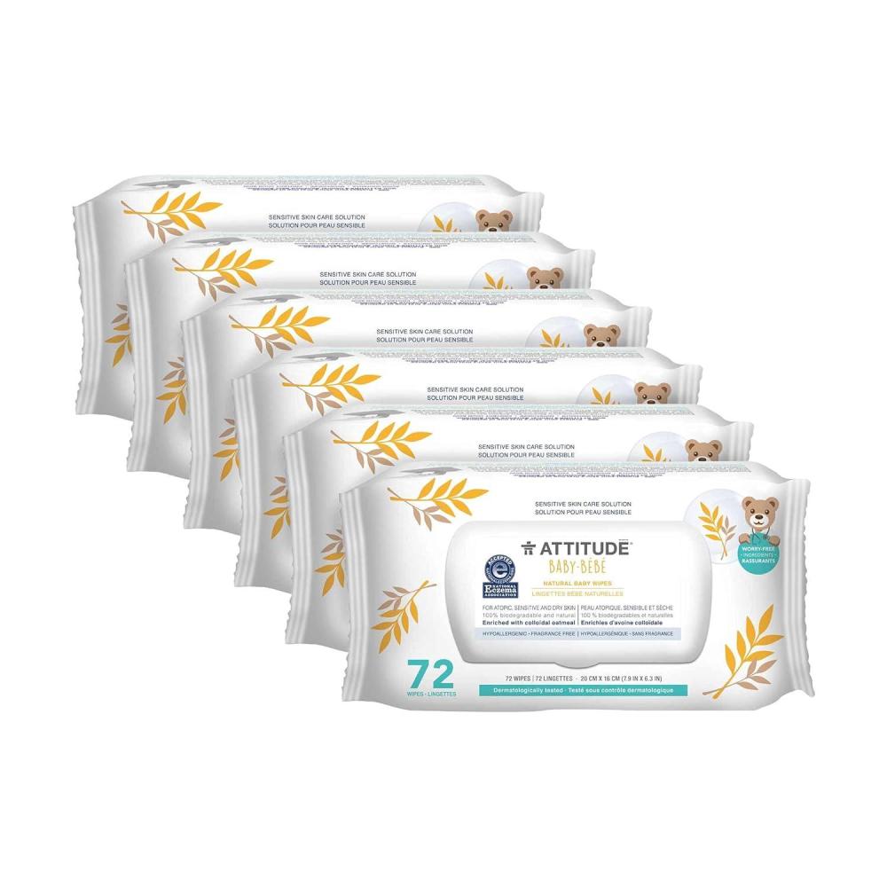 image:imageATTITUDE Baby Wipes Unscented For Sensitive Skin with Oat Natural Origin Dermatollogically Tested For Babies Toddlers amp Kids Chamomile Extract EWG Verified 72 Count72 Count Pack of 6