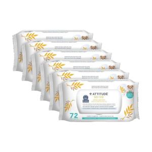 ATTITUDE Baby Wipes Unscented, For Sensitive Skin with Oat, Natural Origin, Dermatollogically Tested​, For Babies, Toddlers & Kids, Chamomile Extract, EWG Verified​, 72 Count(72 Count (Pack of 6))
