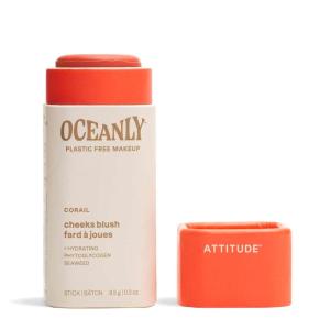 ATTITUDE Oceanly Plastic-Free Lightweight Blush Stick, Titanium Dioxide-Free, EWG Verified, Vegan & Cruelty-free Makeup, Silky Pink, 0.3 Ounces(Corail)
