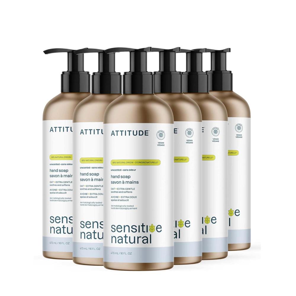 image:imageATTITUDE Gentle Hand Soap for Sensitive Skin EWG Verified Enriched with Oats Dermatologically Tested Vegan Unscented Aluminum Bottle 16 Fl Oz Pack of 6Unscented