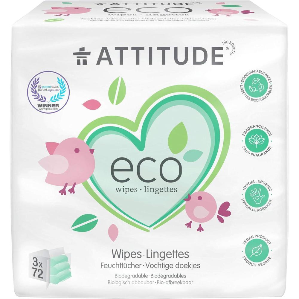 image:imageATTITUDE Biodegradable Baby Wipes Plant Based Unscented Diaper Wipes for Babies and Newborn Dermatologically Tested Vegan 72 Count Pack of 3