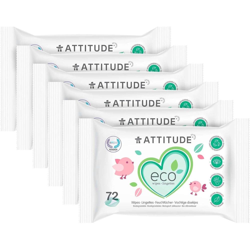 image:imageATTITUDE Biodegradable Baby Wipes Plant Based Unscented Diaper Wipes for Babies and Newborn Dermatologically Tested Vegan 72 Count Pack of 6