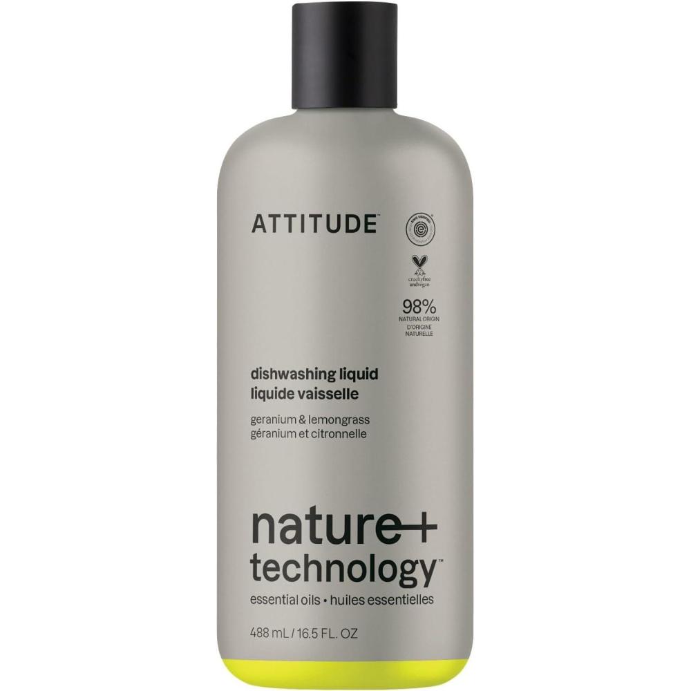 image:imageATTITUDE Dish Soap Infused with Essential Oils PlantBased Ingredients EWG Verified Great for Clean and Sparkling Dishes Vegan Dishwashing Liquid Geranium amp Lemongrass 488 mL