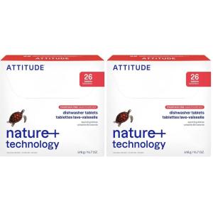 ATTITUDE Dishwasher Pods, Plant-Based & Vegan, Phosphate-Free Detergent Tablets, Naturally Derived, Unscented, 26 Count(26 Count (Pack of 2))
