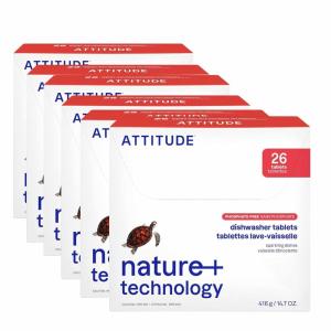 ATTITUDE Dishwasher Pods, Plant-Based & Vegan, Phosphate-Free Detergent Tablets, Naturally Derived, Unscented, 26 Count(26 Count (Pack of 6))