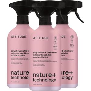 ATTITUDE Shower & Tile Cleaner Spray, EWG Verified, Bathroom Cleaner Removes Soap Scum & Grime, Plant-Based & Vegan, Lemon & Rosewood Scent, 26 Fl Oz(26 Fl Oz (Pack of 3))