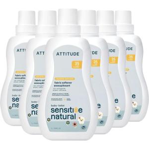 ATTITUDE Baby Fabric Softener for Sensitive Skin, Plant and Mineral-Based Ingredients, Vegan and Cruelty-free Household Products, Unscented, 35 Loads, 33.8 Fl Oz (Pack of 6)