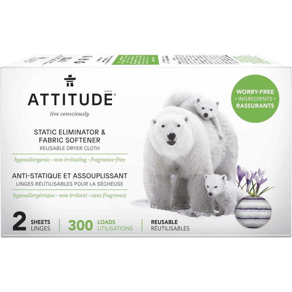 image:imageATTITUDE Reusable Dryer Sheets Static Eliminator amp Fabric Softener FragranceFree Laundry Made in Canada 300 Loads 2 Sheets 1 Pack2 Count Pack of 1