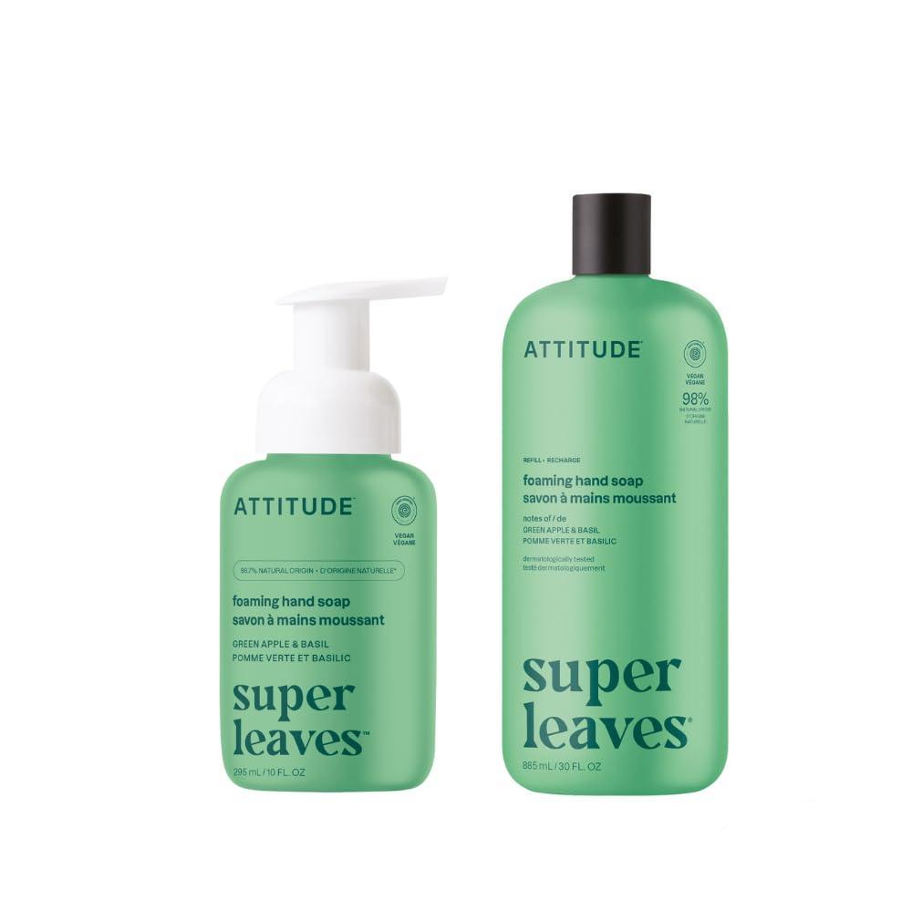 image:imageATTITUDE Foaming Hand Soap amp Refill Bundle EWG Verified Natural amp PlantBased Hand Wash Gentle amp Moisturizing Vegan Green Apple amp Basil Scent 10 Fl Oz amp 30 Fl Oz