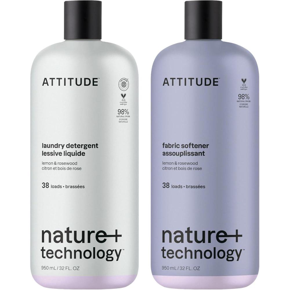 image:imageATTITUDE Laundry Detergent amp Fabric Softener Kit Natural Origin Ingredients Gentle on Delicate Skin Lemon amp Rosewood 2 Bottles of 32 Fl Oz