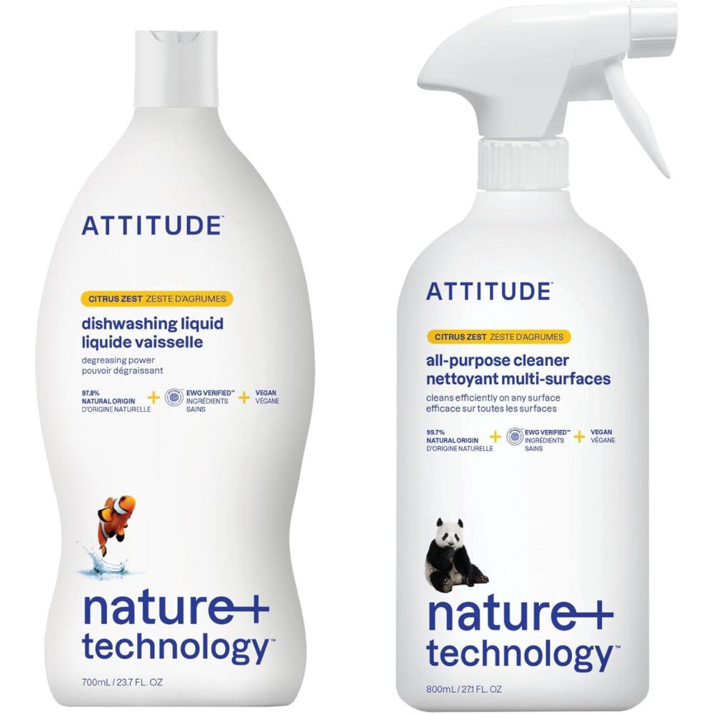 image:imageBundle of ATTITUDE AllPurpose Cleaner EWG Verified StreakFree Plant and MineralBased Vegan Citrus Zest 271 Fl Oz  Dishwashing Liquid Advanced Degreasing Power Citrus Zest 237 Fl Oz