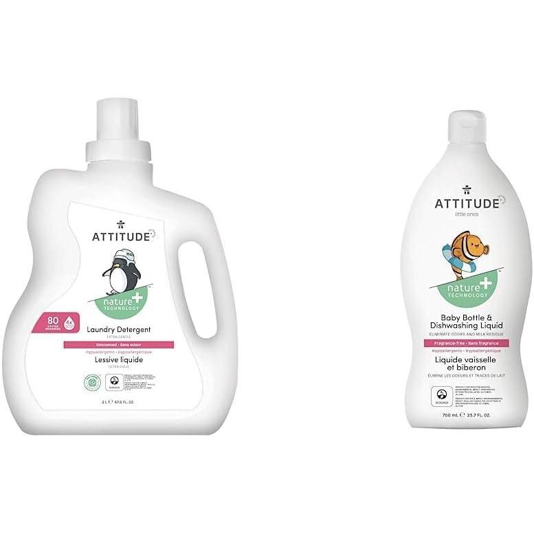 image:imageBundle of ATTITUDE Baby Bottle and Dishwashing Liquid EWG Verified Vegan Unscented 237 Fl Oz Baby Laundry Detergent EWG Verified HE Compatible Unscented 80 Loads 676 Fl Oz