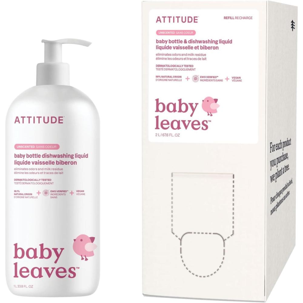 image:imageBundle of ATTITUDE Baby Dish Soap PlantBased Dish Liquid Extra Gentle on Sensitive Skin Tough on Milk Residue amp Grease on Bottles Fragrance Free 338 Fl Oz Bulk Refill 676 Fl Oz