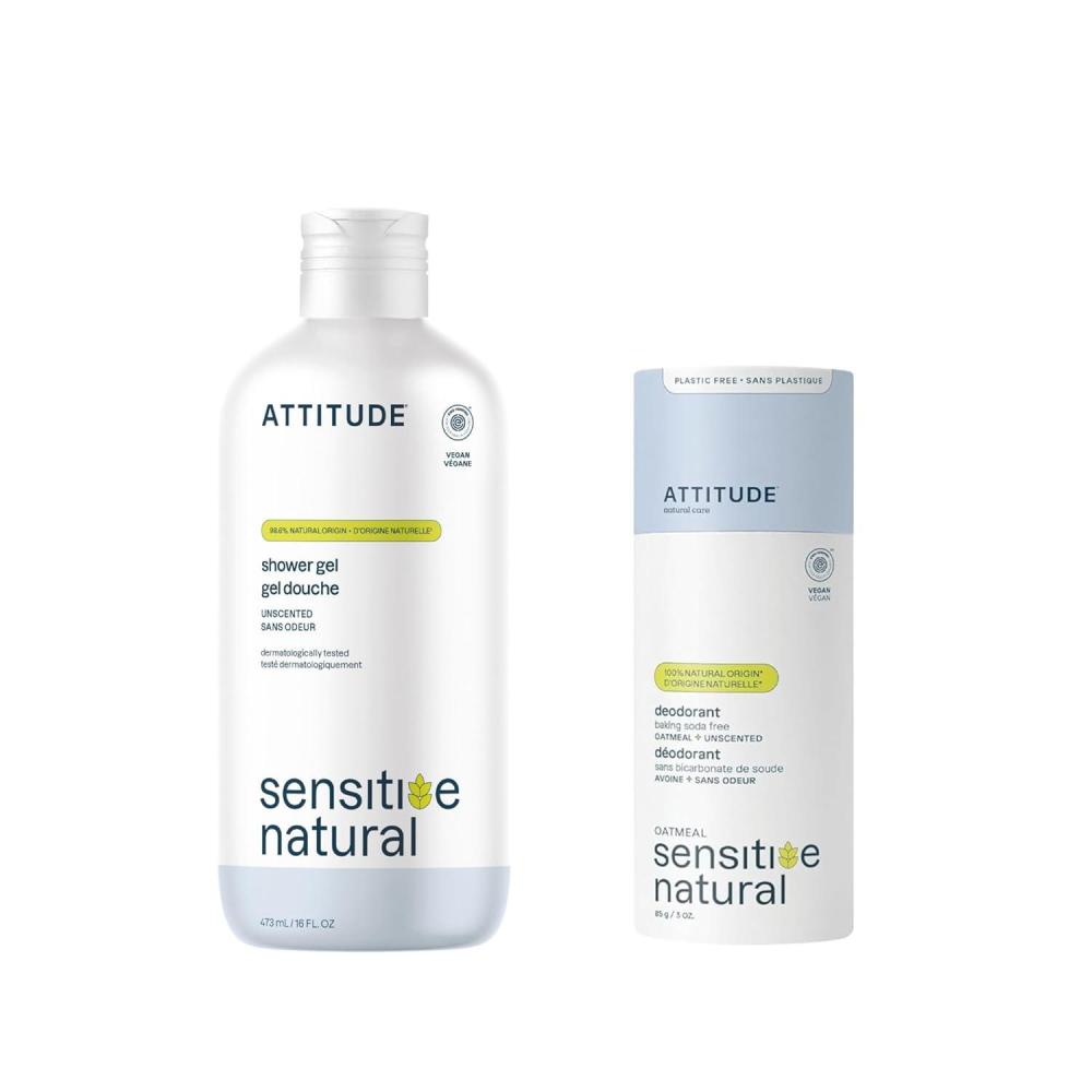 image:imageBundle of ATTITUDE Body Wash for Sensitive Skin EWG Verified Dermatologically Tested Vegan Extra Gentle Unscented 16 Fl Oz  Baking Soda Free Deodorant for Sensitive Skin Unscented 3 Oz