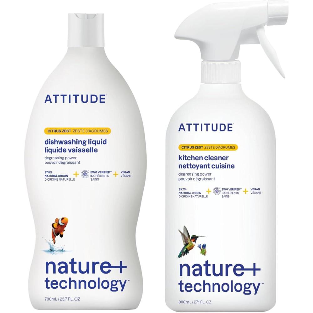 image:imageBundle of ATTITUDE Kitchen Cleaner EWG Verified Advanced Degreasing Power Plant and MineralBased Vegan Citrus Zest 271 Fl Oz  Dishwashing Liquid Citrus Zest 237 Fl Oz