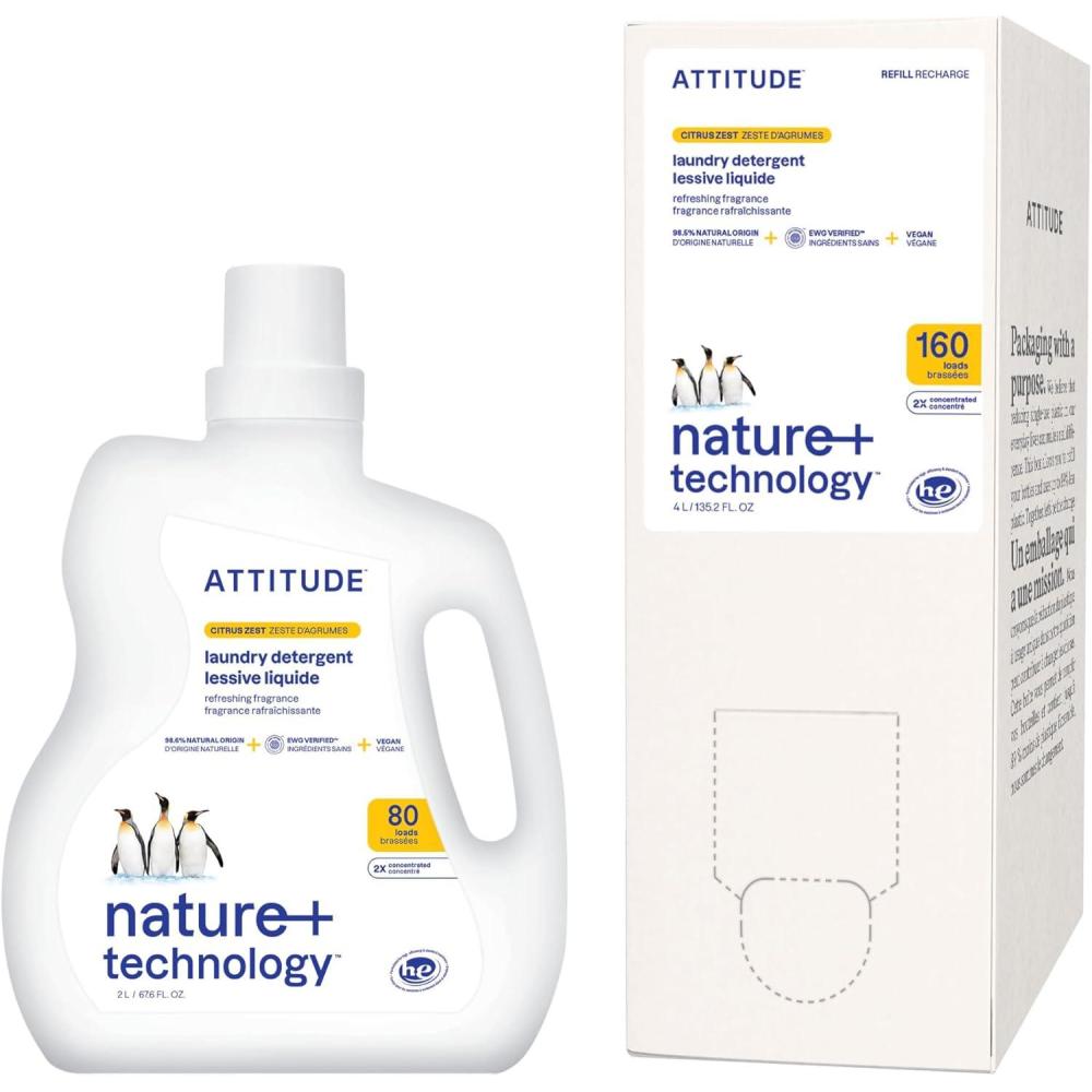 image:imageBundle of ATTITUDE Laundry Detergent Plant and MineralBased Formula He Vegan and Crueltyfree Household Products Citrus Zest 80 Loads 676 Fl Oz  Bulk Refill 160 Loads 13526 Fl Oz
