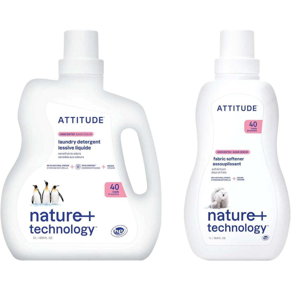image:imageBundle of ATTITUDE Liquid Laundry Detergent EWG Verified Laundry Soap HE Compatible Vegan Products CrueltyFree 40 Loads 676 Fl Oz Laundry Fabric Softener Unscented 40 Loads 338 Fl Oz
