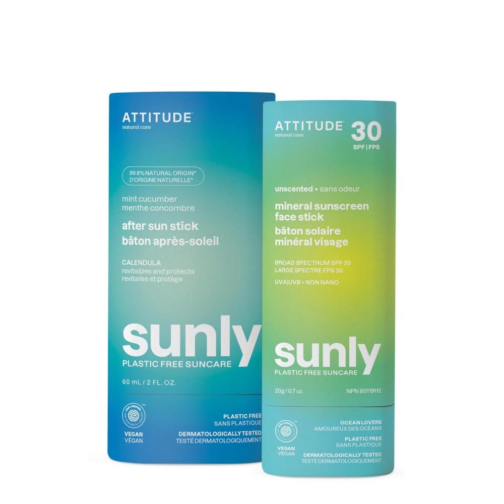 image:imageBundle of ATTITUDE Mineral Face Sunscreen Stick with Zinc Oxide SPF 30 EWG Verified PlasticFree Unscented 07 Oz  After Sun Care Stick Soothes and Hydrates Mint and Cucumber 2 Fl Oz