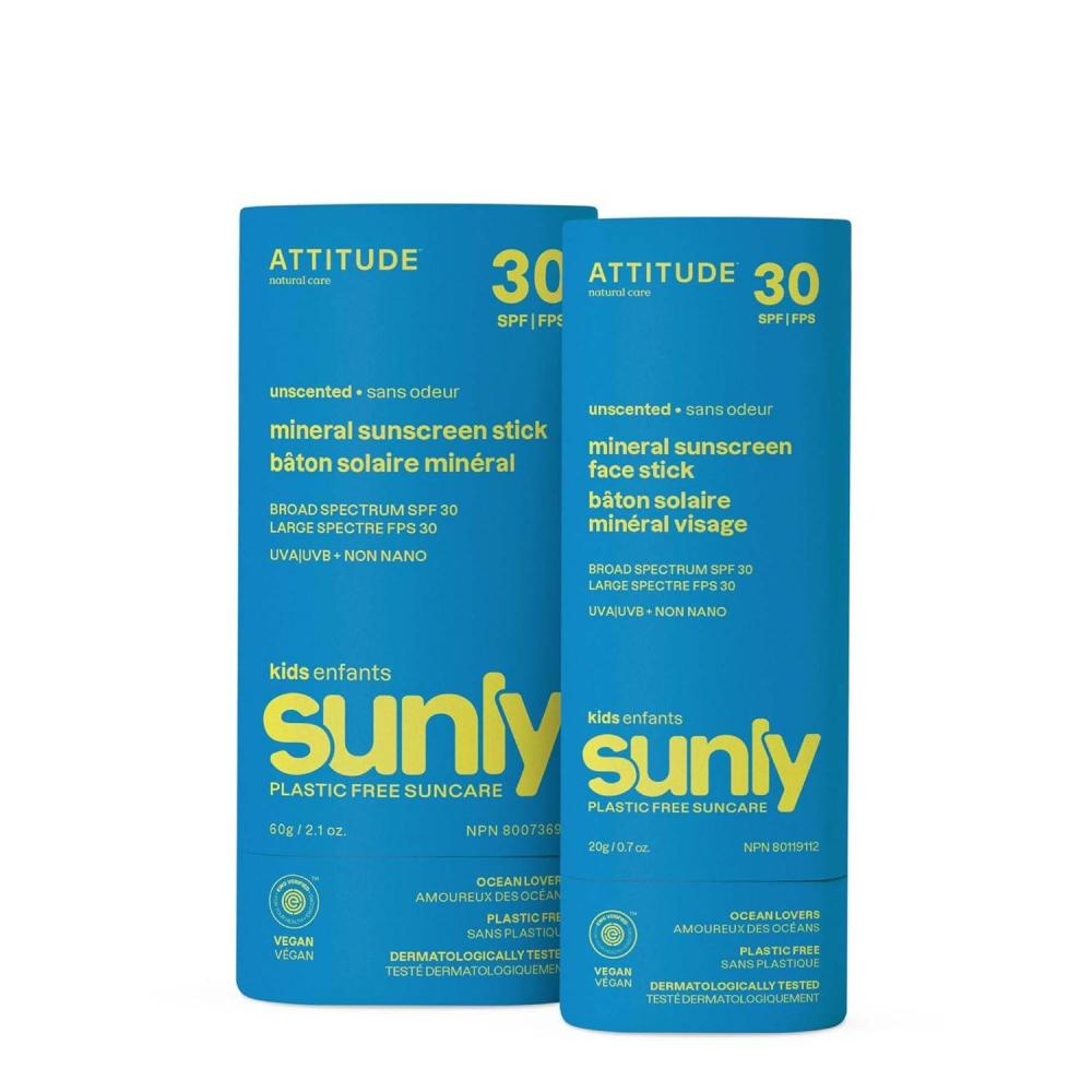 image:imageBundle of ATTITUDE Mineral Face and Body Sunscreen Stick for Kids SPF 30 EWG Verified PlasticFree Broad Spectrum UVAUVB Protection with Zinc Oxide Dermatologically Tested Vegan Unscented