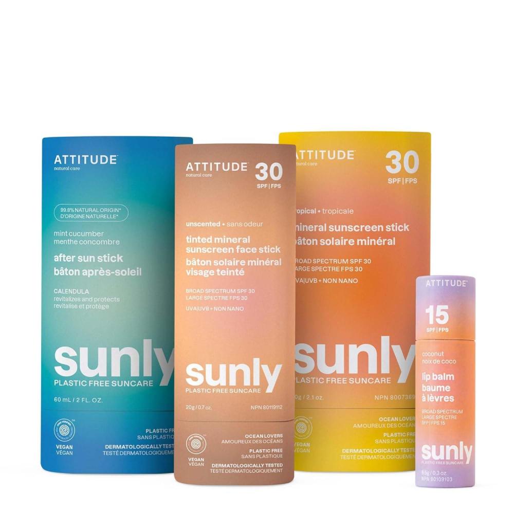 image:imageBundle of ATTITUDE Mineral Sunscreen Stick with Zinc Oxide SPF 30 Tinted Mineral Sunscreen Face Stick SPF 30 Lip Balm SPF 15 After Sun Stick Mint amp Cucumber
