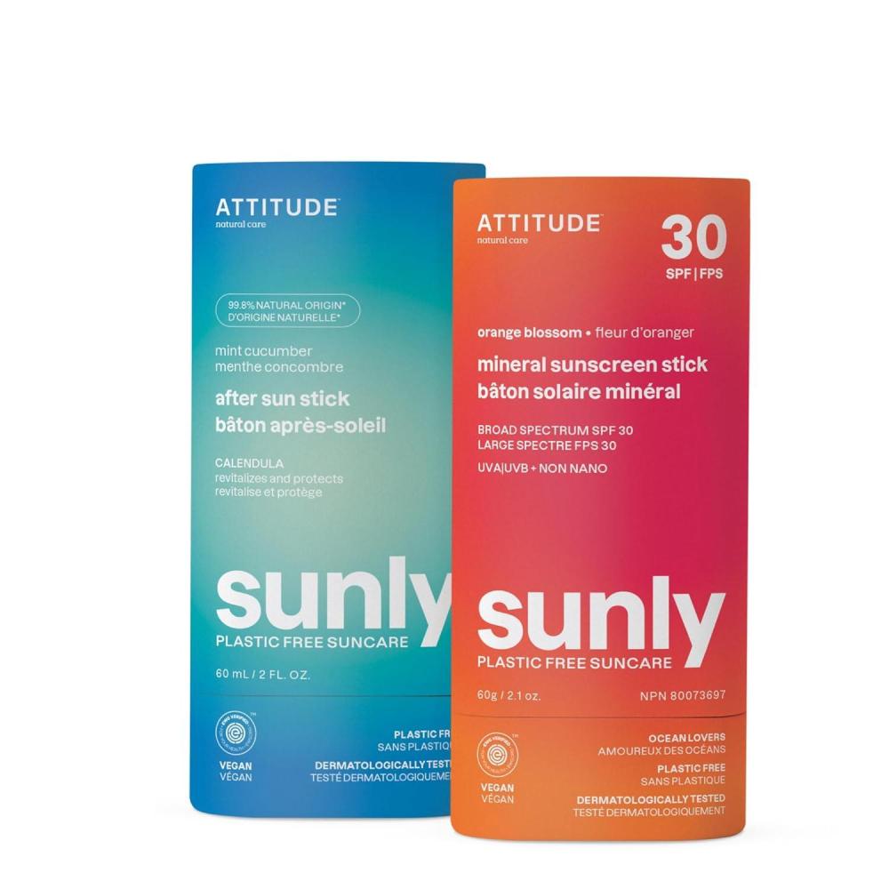 image:imageBundle of ATTITUDE Mineral Sunscreen Stick with Zinc Oxide SPF 30 EWG Verified PlasticFree Broad Spectrum UVAUVB Protection Vegan Orange Blossom  After Sun Care Stick Mint and Cucumber