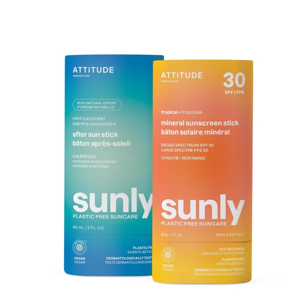 image:imageBundle of ATTITUDE Mineral Sunscreen Stick with Zinc Oxide SPF 30 EWG Verified PlasticFree Broad Spectrum UVAUVB Protection Vegan Tropical  After Sun Care Stick Mint and Cucumber
