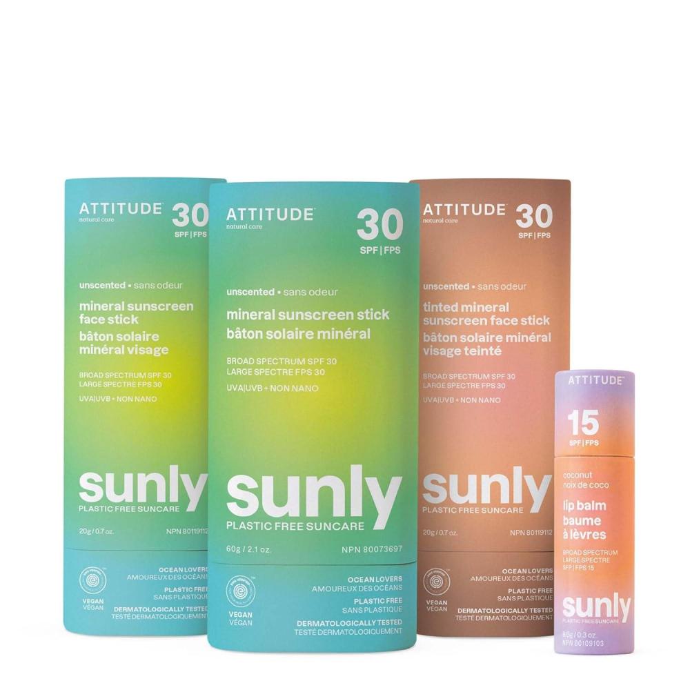 image:imageBundle of ATTITUDE Mineral Sunscreen Stick with Zinc Oxide SPF 30 Face and Body Stick  Tinted Mineral Sunscreen Face Stick SPF 30  Lip Balm SPF 15