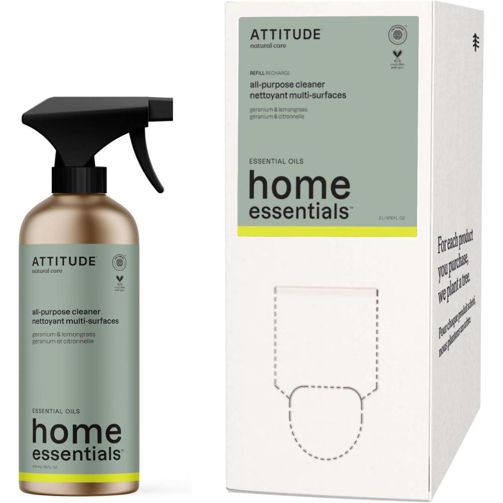 image:imageBundle of ATTITUDE MultiPurpose Cleaner EWG Verified Plant Based Ingredients Vegan and Crueltyfree Refillable Aluminum Bottle Geranium and Lemongrass 16 Fl Oz  Bulk Refill 676 Fl Oz