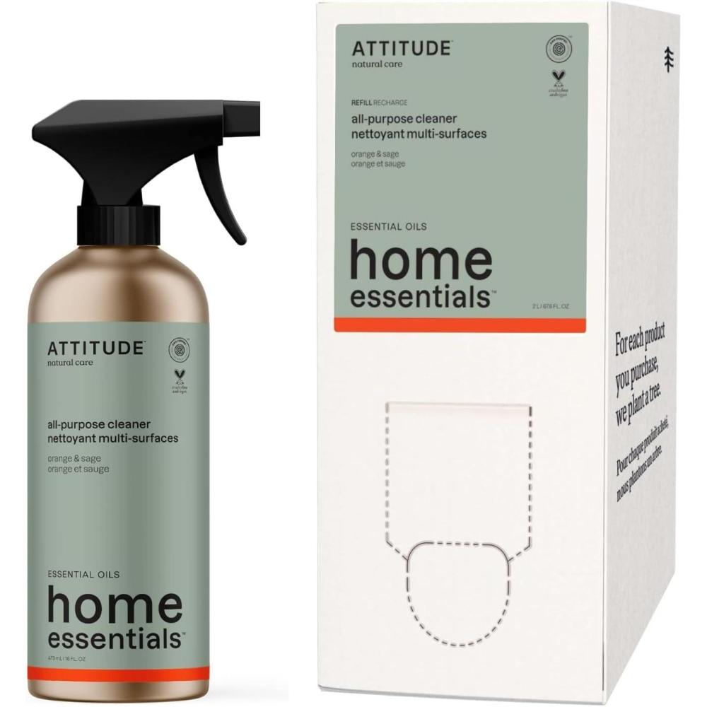 image:imageBundle of ATTITUDE MultiPurpose Cleaner EWG Verified Plant and MineralBased Ingredients Vegan and Crueltyfree Refillable Aluminum Bottle Orange and Sage 16 Fl Oz  Bulk Refill 676 Fl Oz