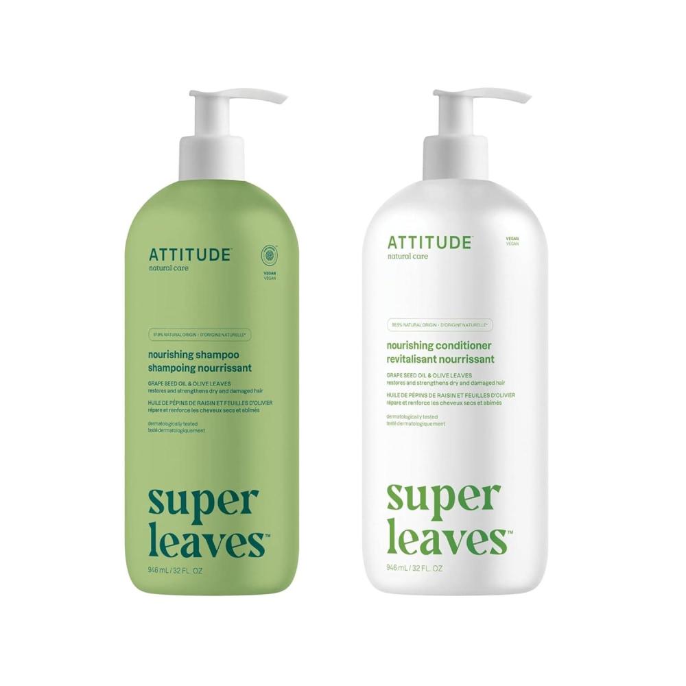 image:imageBundle of ATTITUDE Nourishing Hair Shampoo and Conditioner Dermatologically Tested Plant and MineralBased Vegan Beauty Products Grape Seed Oil and Olive Leaves 32 Fl Oz