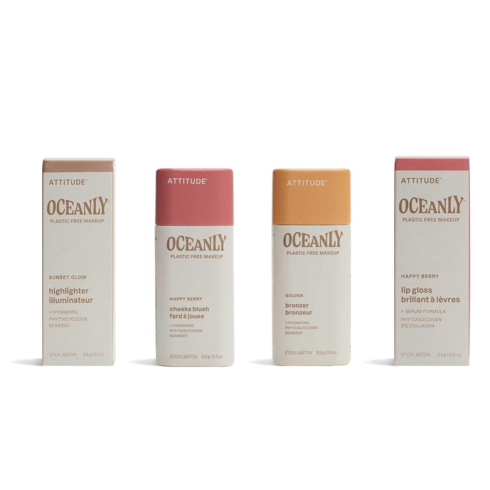 image:imageBundle of ATTITUDE Oceanly Blush EWG Verified PlasticFree Vegan Makeup Happy Berry 03 Oz  Bronzer Golden 03 Oz  Highlighter Sunset Glow 03 Oz  Lip Gloss Happy Berry 012 Oz