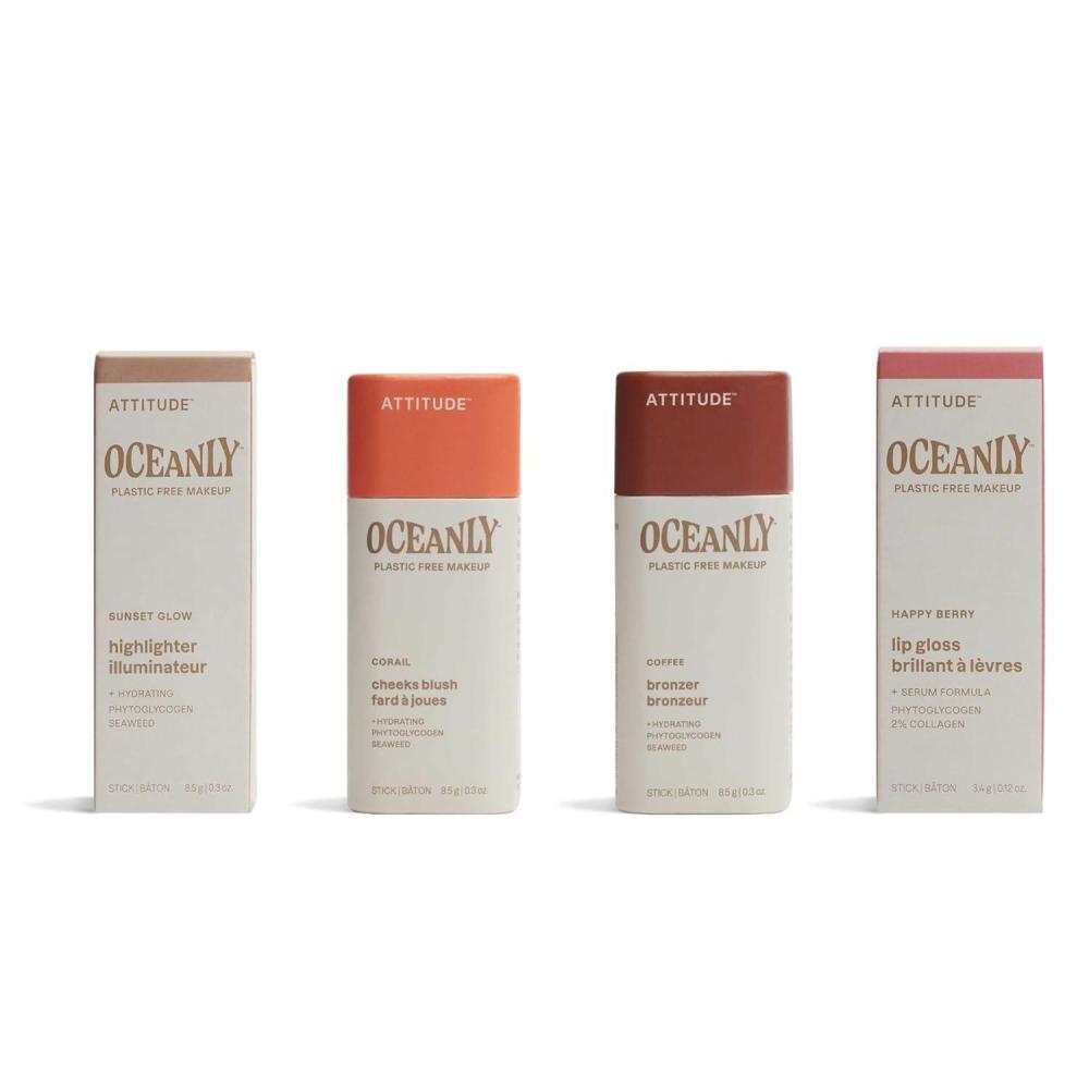 image:imageBundle of ATTITUDE Oceanly EWG Verified PlasticFree Vegan Makeup Lip Gloss Happy Berry 012 Oz  Blush Corail 03 Oz  Bronzer Coffee 03 Oz  Highlighter Sunset Glow 03 Oz
