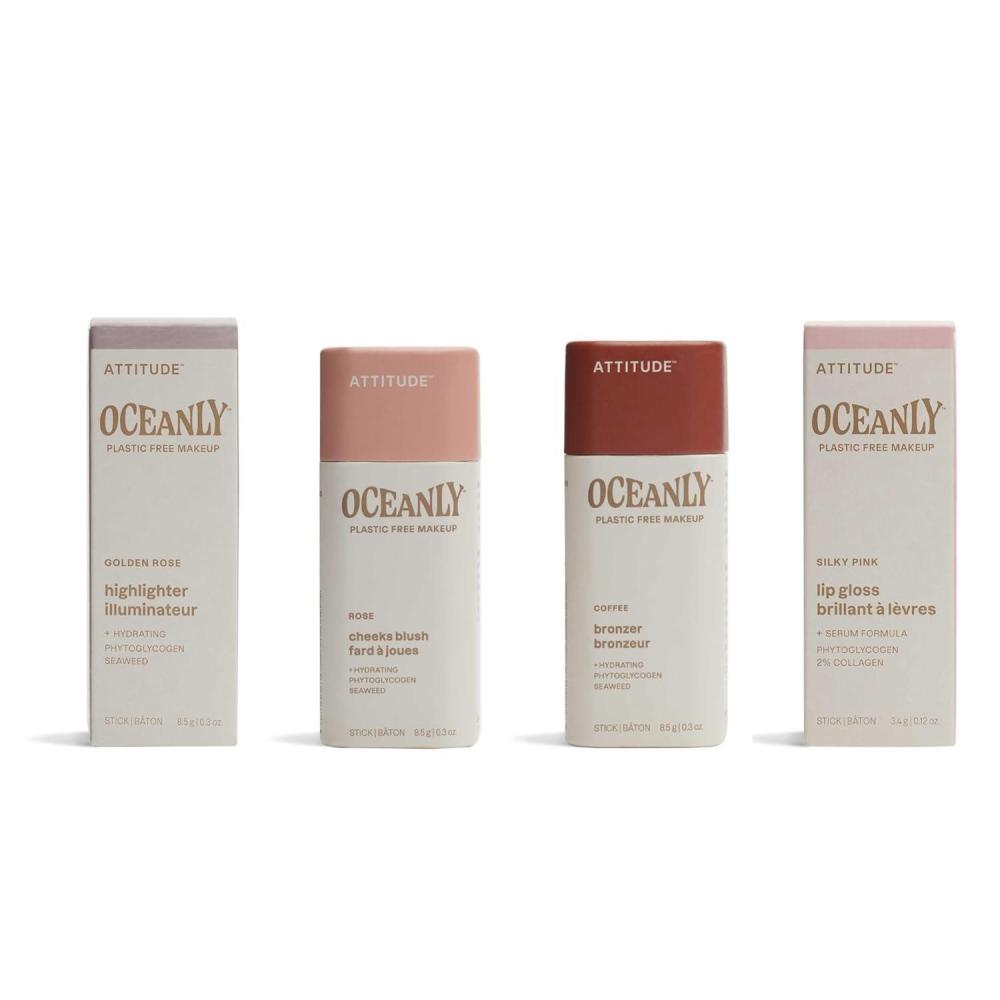 image:imageBundle of ATTITUDE Oceanly EWG Verified PlasticFree Vegan Makeup Lip Gloss Silky Pink 012 Oz  Blush Rose 03 Oz  Bronzer Coffee 03 Oz Highlighter Golden Rose 03 Oz