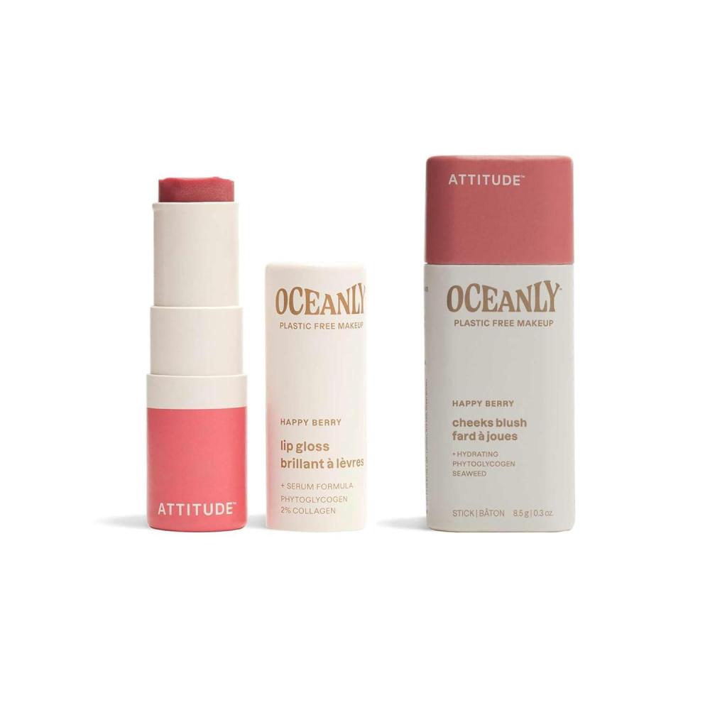 image:imageBundle of ATTITUDE Oceanly Sheer Lip Gloss Titanium DioxideFree EWG Verified PlasticFree Vegan amp Crueltyfree Makeup Happy Berry 012 Oz  Lightweight Blush Stick Happy Berry 03 Oz