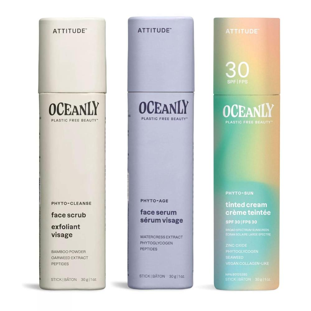 image:imageBundle of ATTITUDE Oceanly Tinted Face Cream Stick with SPF 30 EWG VerifiedUniversal Tint Unscented 1 Oz Face Scrub PHYTO CLEANSE Unscented 1 Oz Face Serum PHYTO AGE Unscented 1 Oz