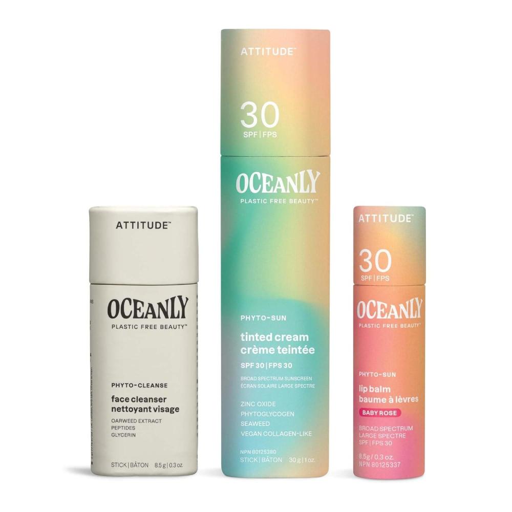 image:imageBundle of ATTITUDE Oceanly Tinted Lip Balm with SPF 30 PlasticFree Baby Rose 03 Oz Tinted Face Cream with SPF 30 Universal Tint 1 Oz Face Cleanser PHYTO CLEANSE Unscented 03 Oz