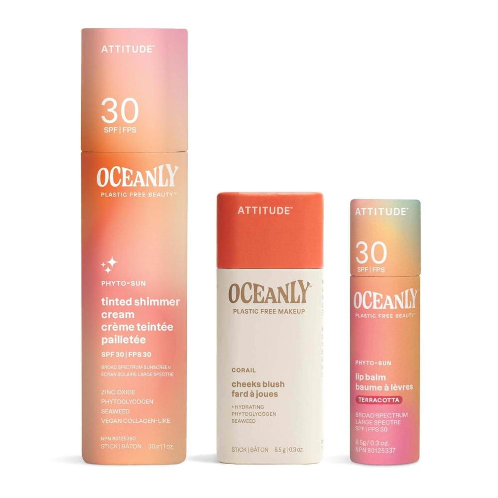 image:imageBundle of ATTITUDE Oceanly Tinted Shimmer Face Cream Stick with SPF 30 EWG Verified Universal Tint 1 Oz  Lightweight Blush Stick Corail 03 Oz  Tinted Lip Balm with SPF 30 Terracotta 03 Oz