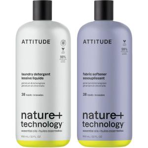 ATTITUDE Laundry Detergent & Fabric Softener Kit, Natural Origin Ingredients, Gentle on Delicate Skin, Geranium & Lemongrass, 2 Bottles of 32 Fl Oz