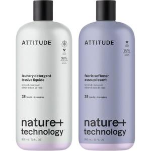 ATTITUDE Laundry Detergent & Fabric Softener Kit, Natural Origin Ingredients, Gentle on Delicate Skin, Lemon & Rosewood, 2 Bottles of 32 Fl Oz