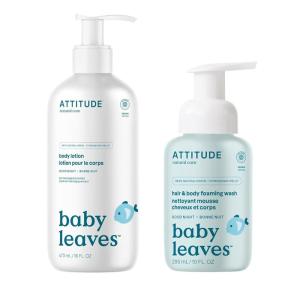 Bundle of ATTITUDE 2-in-1 Hair and Body Foaming Wash for Baby and Baby Body Lotion, EWG Verified, Dermatologically Tested, Made with Naturally Derived Ingredients, Vegan, Good Night