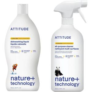 Bundle of ATTITUDE All-Purpose Cleaner, EWG Verified, Streak-Free, Plant- and Mineral-Based, Vegan, Citrus Zest, 27.1 Fl Oz + Dishwashing Liquid, Advanced Degreasing Power, Citrus Zest, 23.7 Fl Oz