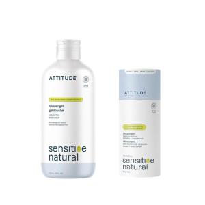 Bundle of ATTITUDE Body Wash for Sensitive Skin, EWG Verified, Dermatologically Tested, Vegan, Extra Gentle, Unscented, 16 Fl Oz + Baking Soda Free Deodorant for Sensitive Skin, Unscented, 3 Oz
