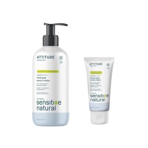 Bundle of ATTITUDE Hand Soap for Sensitive Skin Enriched with Oat, EWG Verified, Dermatologically Tested, Vegan, Extra Gentle, Unscented, 16 Fl Oz + Hand Cream, 2.5 Fl Oz