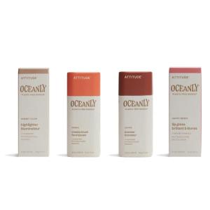 Bundle of ATTITUDE Oceanly, EWG Verified, Plastic-Free, Vegan Makeup, Lip Gloss, Happy Berry, 0.12 Oz + Blush, Corail, 0.3 Oz + Bronzer, Coffee, 0.3 Oz + Highlighter, Sunset Glow, 0.3 Oz