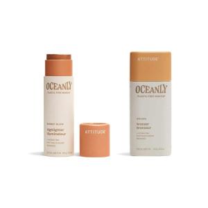 Bundle of ATTITUDE Oceanly Lightweight Highlighter Stick, Titanium Dioxide-Free, EWG Verified, Plastic-Free, Vegan Makeup, Sunset Glow, 0.3 Oz + Lightweight Bronzer Stick, Golden, 0.3 Oz