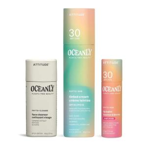 Bundle of ATTITUDE Oceanly Tinted Lip Balm with SPF 30, Plastic-Free, Baby Rose, 0.3 Oz + Tinted Face Cream with SPF 30, Universal Tint, 1 Oz + Face Cleanser, PHYTO CLEANSE, Unscented, 0.3 Oz