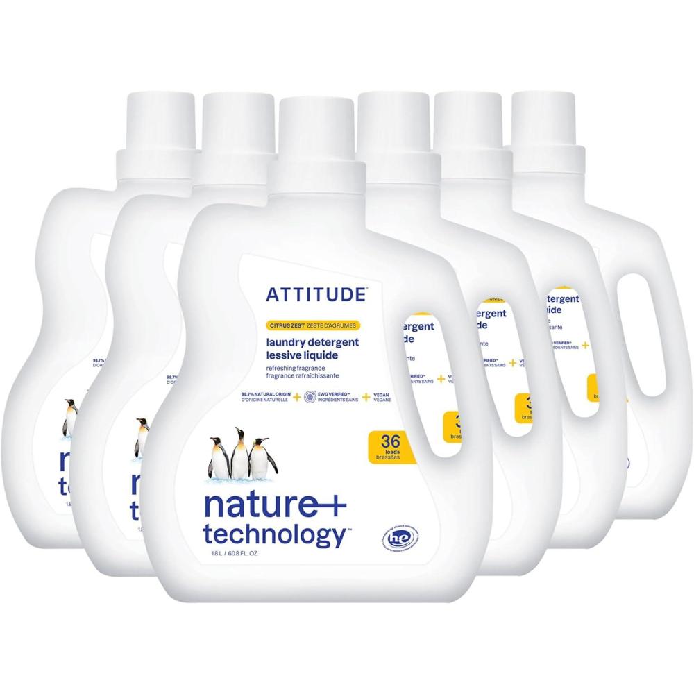 image:imageATTITUDE Liquid Laundry Detergent EWG Verified HE Compatible PlantBased amp Vegan Natural Laundry Soap Citrus Zest 36 Loads 608 Fl Oz Pack of 6