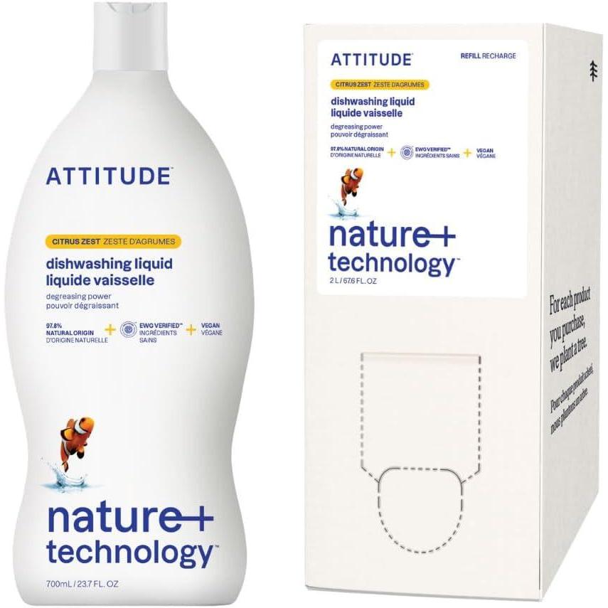 image:imageATTITUDE Dish Soap amp Refill Bundle EWG Verified PlantBased Vegan Dishwashing Liquid Citrus Zest Scent 237  676 Fl Oz